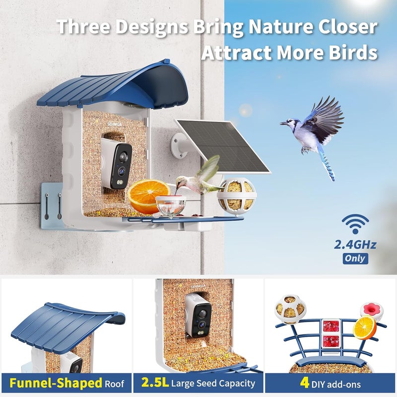 SEHMUA Bird Feeder with Camera, Solar Powered, AI Identify 10,000+ Species, Smart Bird Feeder with Live View, Ideal Present, 2.4GHz WiFi, Blue - Image 5
